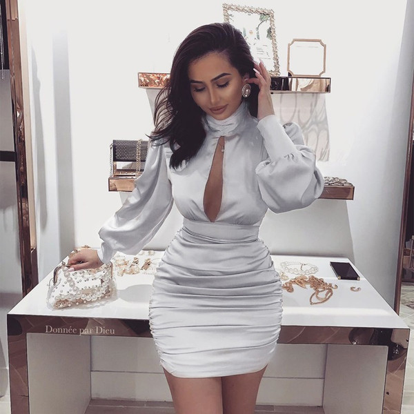 REJEA women hollow out mini dress lantern long sleeve bodycon autumn winter sexy elegant party club casual clothes