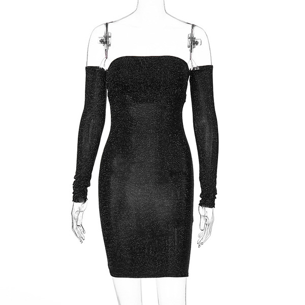 REJEA Metallic Glitter Sparkle Off Shoulder Long Sleeve Bodycon Mini Party Dress Autumn Winter Women Sexy Club Clothes