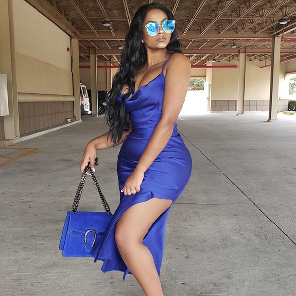 REJEA satin slip midi dress sexy party lady side split thin strap  autumn winter women elegant casual club clothes