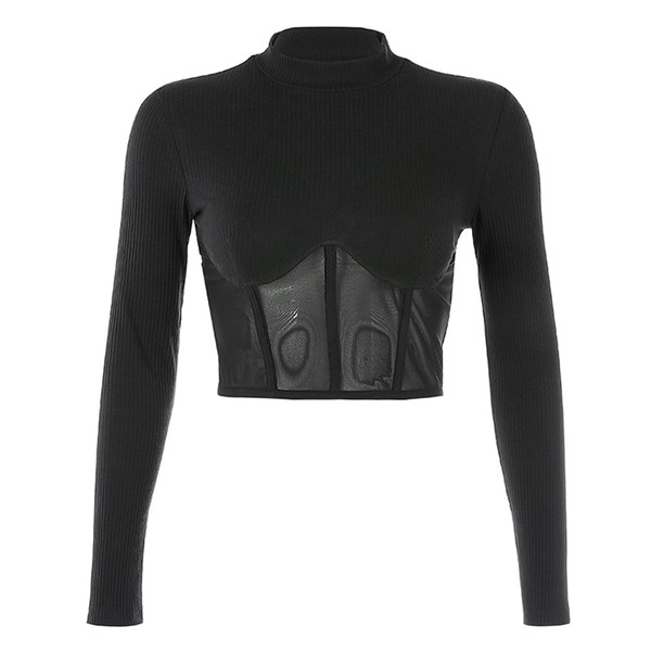 REJEA Patchwork Mesh Black T Shirt Harajuku Transparent Long Sleeve Woman Tshirt Tops Hold Chest Casual Tee Shirt Women