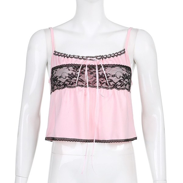 REJEA  Lace Pink Y2K Aesthetic 90s Sleeveless Crop Top Women Tie Up Frill Ruffles Cami Tops Tees Ladies Streetwear Summer