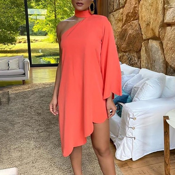 REJEA Sexy One-Shoulder Long Sleeve Party Dress Autumn Vintage Elegant Halter Irregular Dress Women Print Ruffle Loose Dress Vestidos