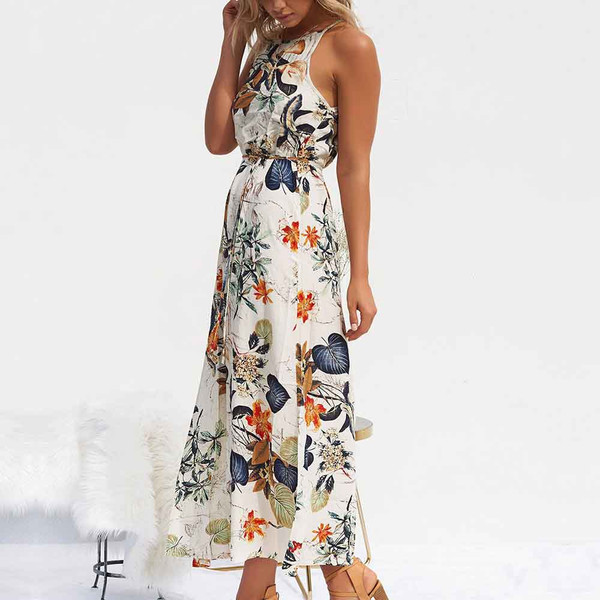 REJEA Women Summer Dress Sleeveless Belted Jacket Tunic Maxi Dress Womens Floral Print Boho Beach Dress Fashion Party Dresses