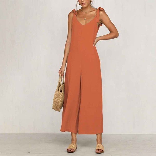 REJEA Women's Summer Comfortable Sleeveless Jumpsuit  Trend Hanging Bandwidth Loose Pants Casual Solid Color Halter Fashion Sexy Pants