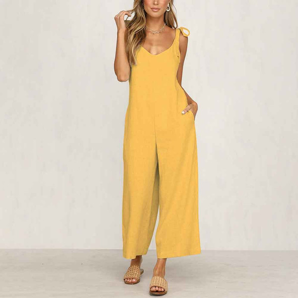 REJEA Women's Summer Comfortable Sleeveless Jumpsuit  Trend Hanging Bandwidth Loose Pants Casual Solid Color Halter Fashion Sexy Pants