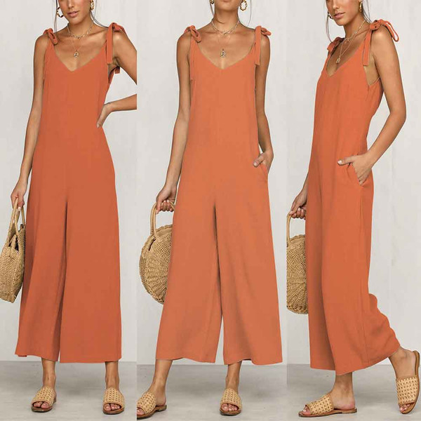 REJEA Women's Summer Comfortable Sleeveless Jumpsuit  Trend Hanging Bandwidth Loose Pants Casual Solid Color Halter Fashion Sexy Pants