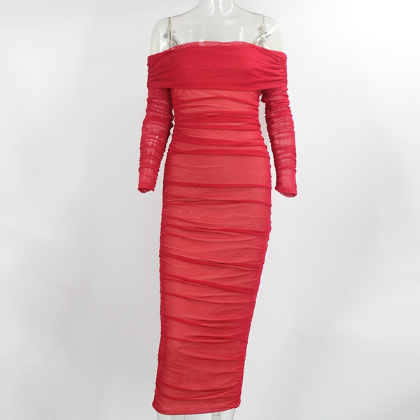 REJEA  Off Shoulder Ruched Double Layer Mesh Dress Women Long Sleeve Sexy Dresses Ladies Autumn Party Long Christmas Dress