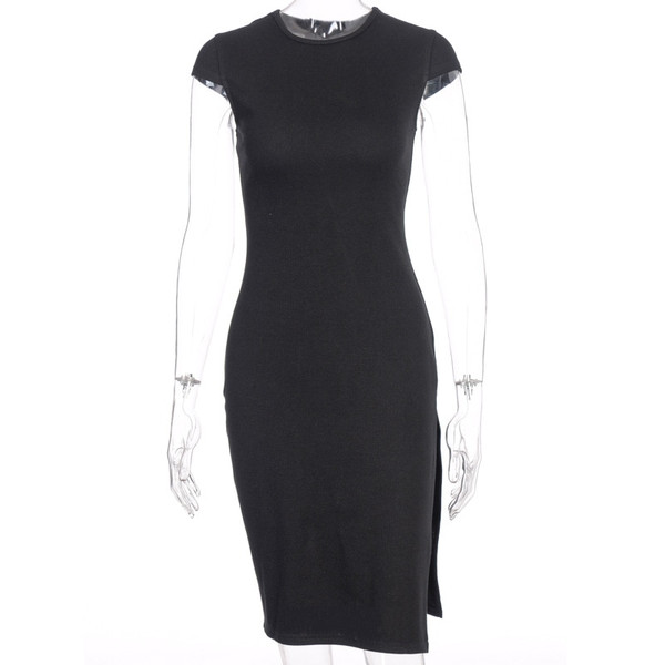 REJEA  Forefair Summer Dress Women Sexy Bodycon O Neck Slit Short Sleeve Midi Solid Black White Party Dress Women