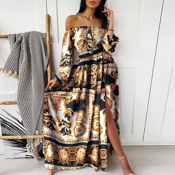 REJEA Women Off Shoulder Dress Colorful Print Party Dress Long Sleeve Slit Maxi Dresses Autumn Dress Women Vestidos De Festa