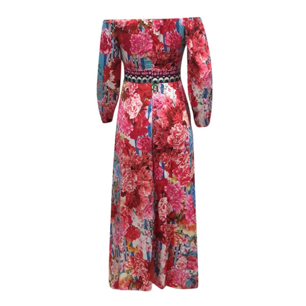 REJEA Women Off Shoulder Dress Colorful Print Party Dress Long Sleeve Slit Maxi Dresses Autumn Dress Women Vestidos De Festa