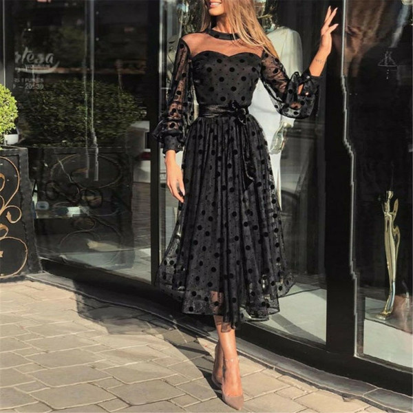 REJEA Size Ladies Polka Dot Lace Mesh Maxi Dresses Womens Dress Spring Summer Plus Evening Party Dress Vestidos Female Clothing