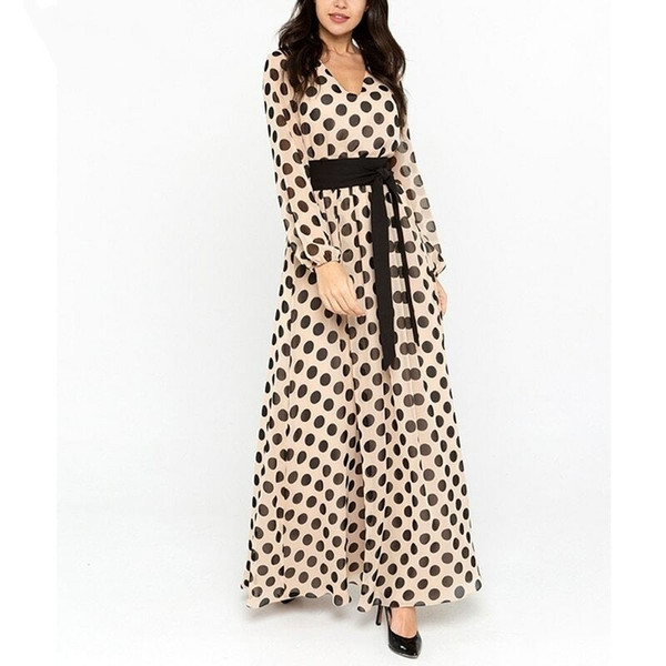 REJEA  Bohemian Women Long Maxi Dresses V-neck Long Sleeve Dot Print Beach Dress Spring Summer Female Elegant Slim Long Dress