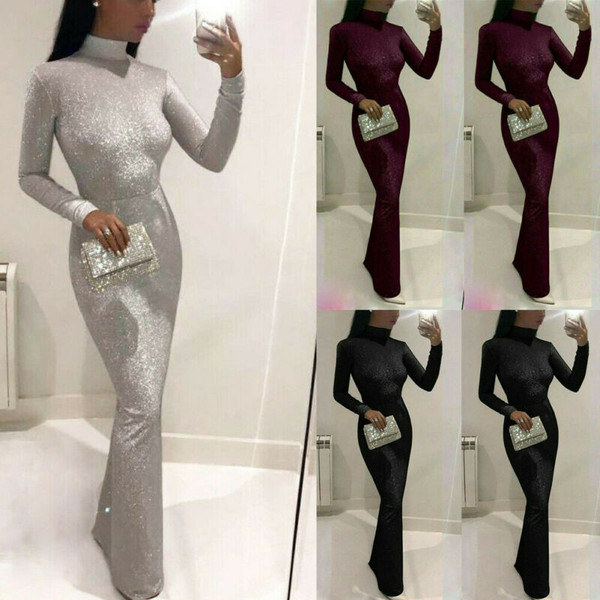 REJEA Women Sexy Shiny Sequin Glitter Dresses Sexy Lady Bodycon Long Maxi Club Dress Long Sleeve High Neck Slim Dresses Vestidos