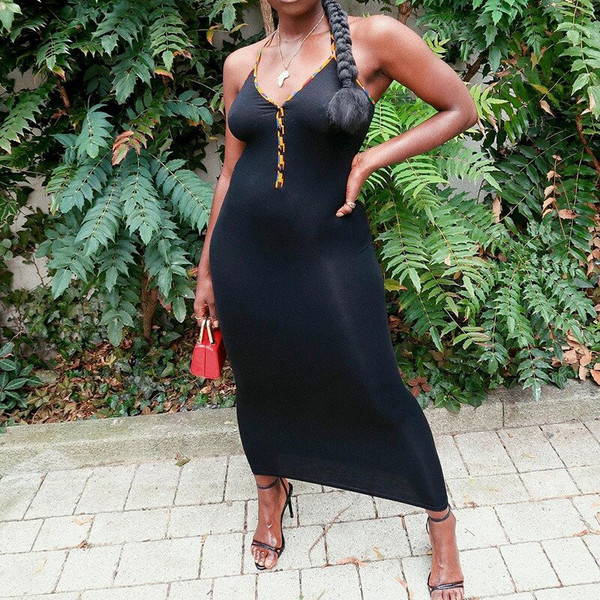 REJEA Sleeveless Halter Backless Patchwork Solid Maxi Dress Autumn Winter Women Fashion Sexy Party Club Clothings