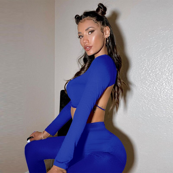 REJEA Long Sleeve Solid Backless Tshirt Bandage Leggings 2 Pieces Set Autumn Winter Women Streetwear Casual Tracksuit