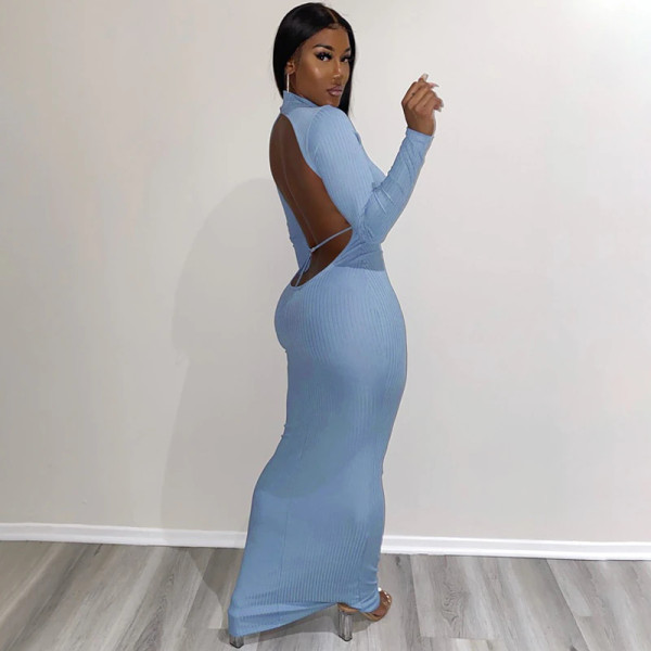REJEA Long Sleeve Solid Backless Skinny  Ribbed Maxi Dress Autumn Winter Women Fashion Sexy Party Club Outfits