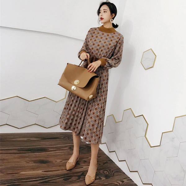 REJEA Autumn Dress Women Vintage Plaid Lantern Sleeve Female Maxi Dress Elegant Sashes Party Vestidos femme