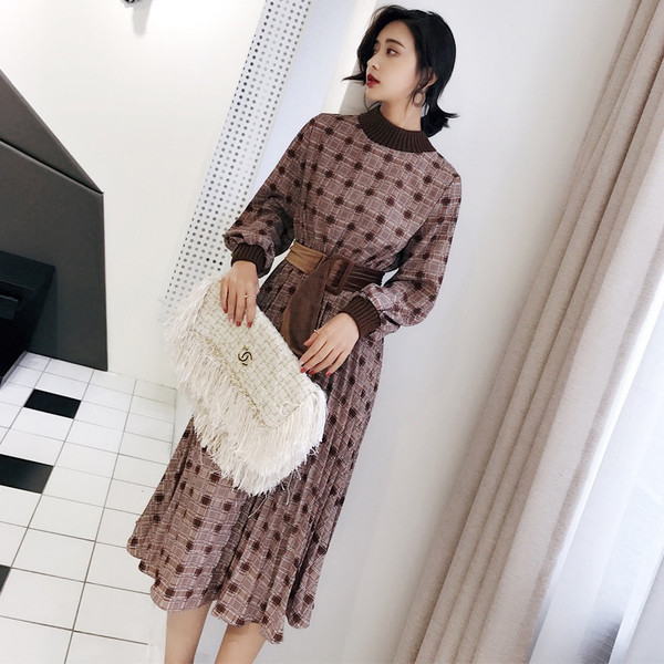 REJEA Autumn Dress Women Vintage Plaid Lantern Sleeve Female Maxi Dress Elegant Sashes Party Vestidos femme