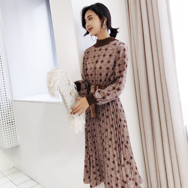 REJEA Autumn Dress Women Vintage Plaid Lantern Sleeve Female Maxi Dress Elegant Sashes Party Vestidos femme