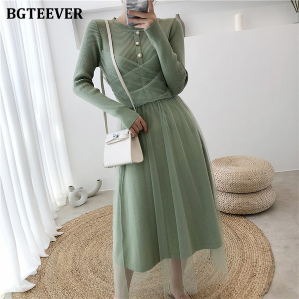 REJEA  New Fashion O-neck Buttons Ladies Knitted Mesh Dress Autumn Full Sleeve Elastic Waist Women Sweater A-line Dress