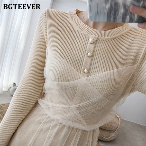 REJEA  New Fashion O-neck Buttons Ladies Knitted Mesh Dress Autumn Full Sleeve Elastic Waist Women Sweater A-line Dress