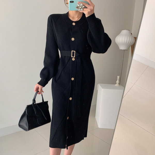 REJEA Elegant O-neck Single-breasted Women Solid Sweater Dress OL Style Long Sleeve Belted Knitted Mid-length Dress Female