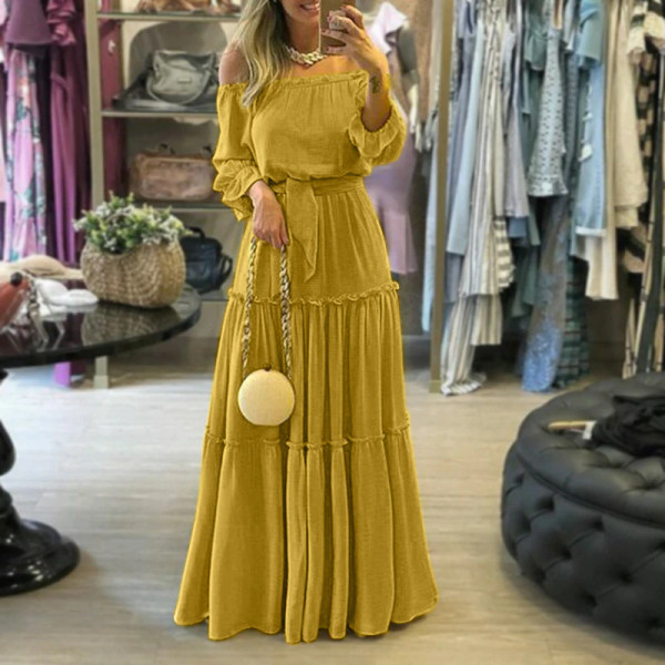 REJEA  Fashion Off Shoulder Vestidos Female Lace Up Belted Dresses Beach Holiday Ruffle Robe Womens Bohemian Long Maxi Dress 5XL