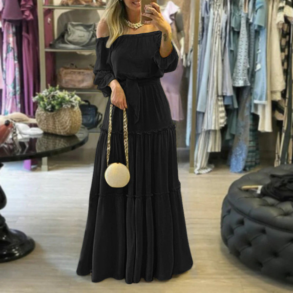REJEA  Fashion Off Shoulder Vestidos Female Lace Up Belted Dresses Beach Holiday Ruffle Robe Womens Bohemian Long Maxi Dress 5XL