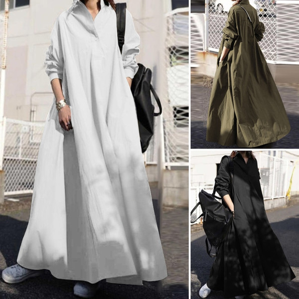 REJEA Autumn Stylish Women Vintage Long Sleeve Loose Sundress Casual Long Maxi Dress Kaftan Femme Solid Party Vestido Robe