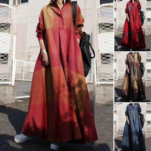 REJEA Autumn Stylish Women Vintage Long Sleeve Loose Sundress Casual Long Maxi Dress Kaftan Femme Solid Party Vestido Robe