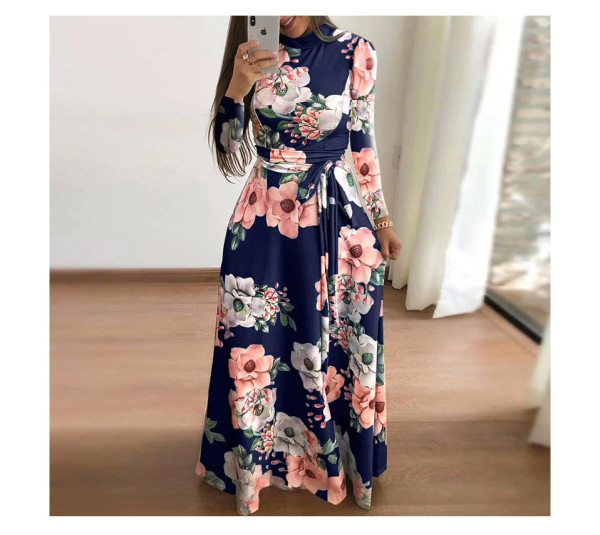 REJEA Women Summer Maxi Dress 2021 Casual Short Sleeve Boho Floral Print Long Dress Turtleneck Bandage Elegant Party Dresses Vestidos
