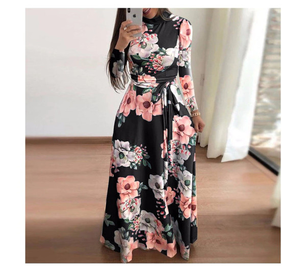 REJEA Women Summer Maxi Dress 2021 Casual Short Sleeve Boho Floral Print Long Dress Turtleneck Bandage Elegant Party Dresses Vestidos
