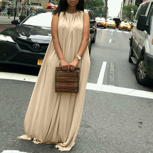 REJEA  Women Bohemian Long Maxi Dress O-Neck Sexy Lace up Sleeveless Summer Sundress Casual Loose Solid Beach Robe Vestidos 5XL