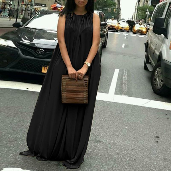 REJEA  Women Bohemian Long Maxi Dress O-Neck Sexy Lace up Sleeveless Summer Sundress Casual Loose Solid Beach Robe Vestidos 5XL