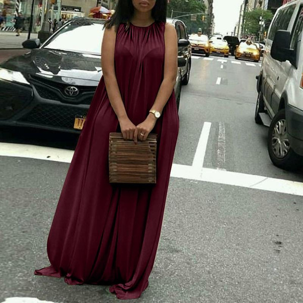 REJEA  Women Bohemian Long Maxi Dress O-Neck Sexy Lace up Sleeveless Summer Sundress Casual Loose Solid Beach Robe Vestidos 5XL