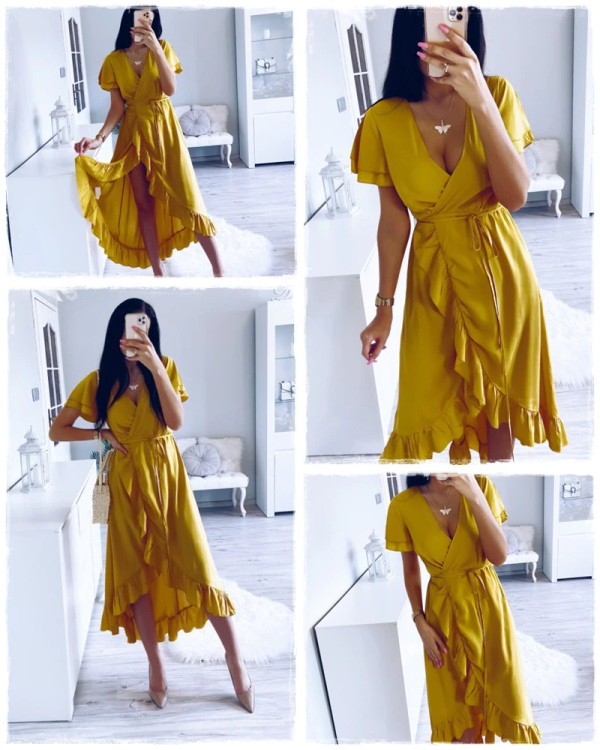 REJEA  V-neck ruffled boho dress Sexy cotton short sleeve holiday beach maxi dress Casual solid yellow spring summer wrap dress