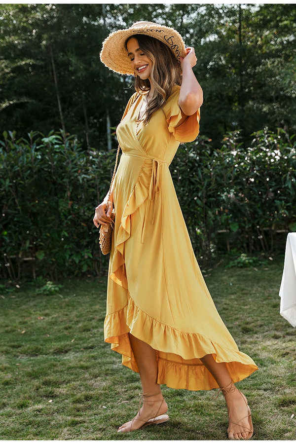REJEA  V-neck ruffled boho dress Sexy cotton short sleeve holiday beach maxi dress Casual solid yellow spring summer wrap dress