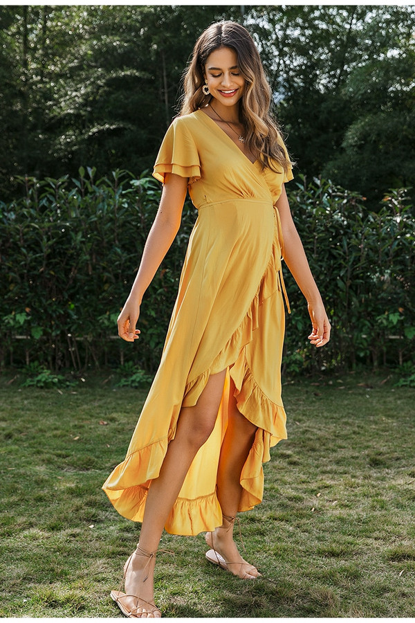 REJEA  V-neck ruffled boho dress Sexy cotton short sleeve holiday beach maxi dress Casual solid yellow spring summer wrap dress