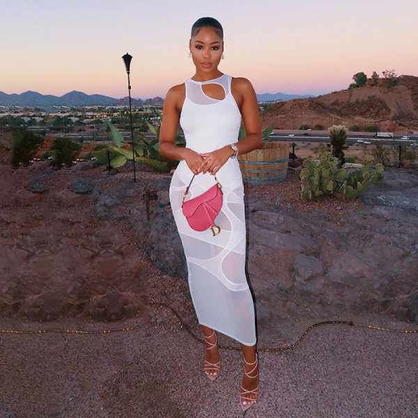 REJEA  Sleeveless O-Neck Solid Patchwork Mesh Maxi Dress Autumn Winter Women Fashion Sexy Party Club Elegant Clthings