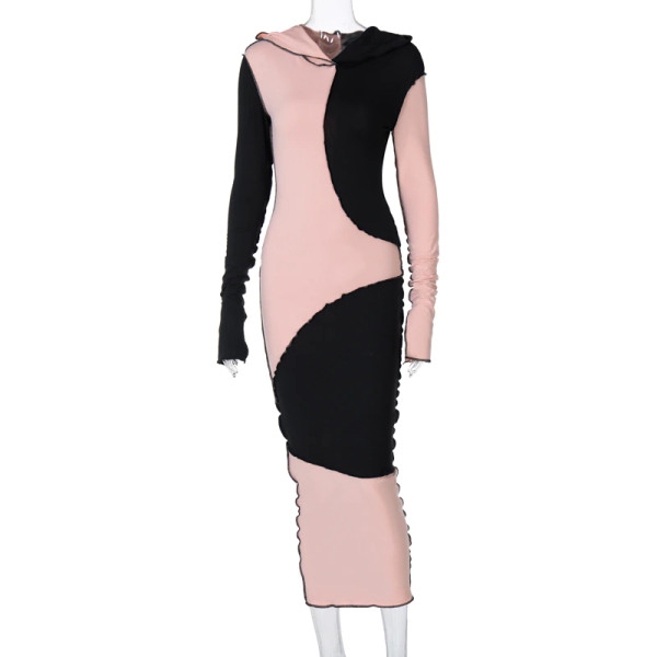 REJEA Long Sleeve Hooded Patchwork Skinny Maxi Dress Autumn Winter Women Fashion Streetwear Casual Outfits