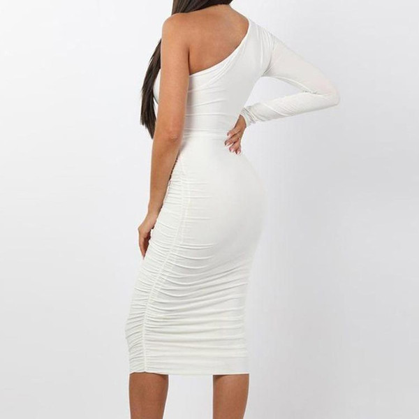 REJEA Women Elegant Fashion Sexy White Cocktail Party Slim Fit Dresses One Shoulder Belted Ruched Design Bodycon Midi Dress