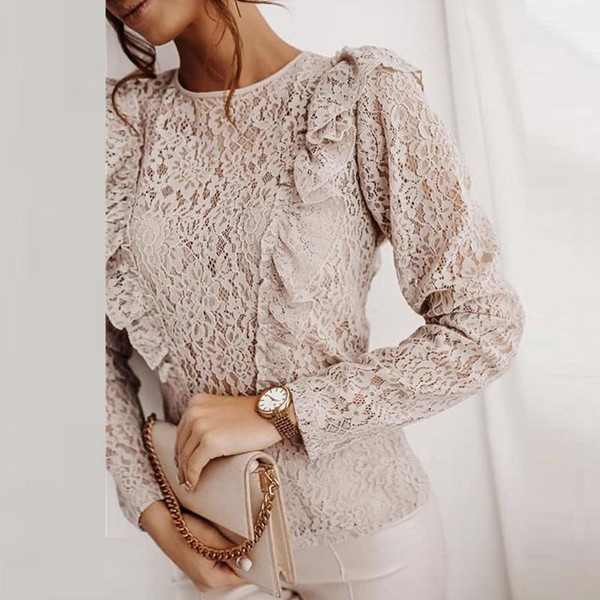 REJEA Women Elegant Solid Long Sleeve Ruffle Lace Blouses Shirt Spring Casual O Neck Backless Pullover Tops Lady Hollow Out Blusa
