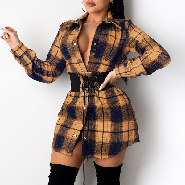 REJEA Women Elegant Plaid Print Long Sleeve Mini Dress Spring Turn-down Collar Button Dress Autumn Casual Lace-up Slim Party Dresses