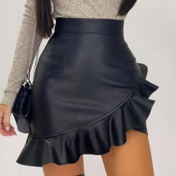 REJEA Sexy Leather Pu Skirt For Ladies Black Ruffle Asymmetric Women Mini Skirt High Waist Flare Fashion Office Female Skirt D25