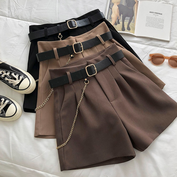 REJEA New Casual Comfortable Elegant Wild Shorts With Belt Women's Woolen Shorts Autumn Winter Slim Wide Leg A-line Shorts