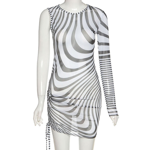 REJEA Zebra Stripe Print One Sleeve Bodyocn Dress Sexy Club Outfits for Women Fashion Sheer Mesh Mini Dresses D96-BF13