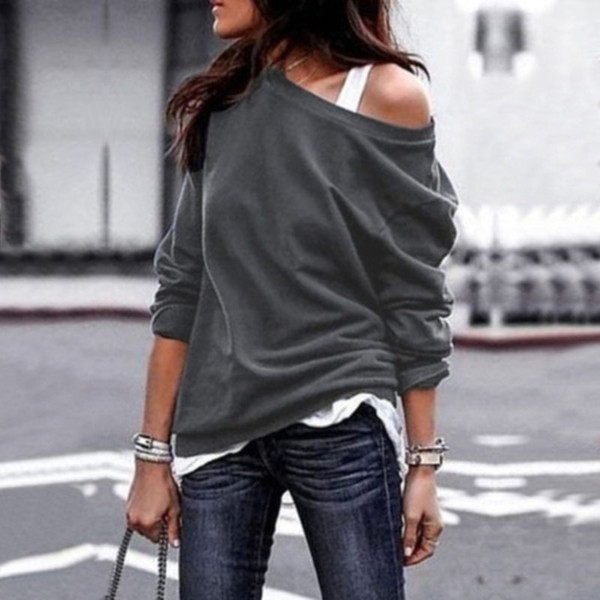 REJEA Sexy Pullovers Casual Female Solid T-Shirt Sweatshirts Fashion Off The Shoulder Women Long Sleeve Top For Female