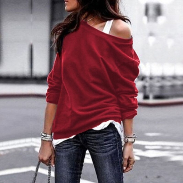 REJEA Sexy Pullovers Casual Female Solid T-Shirt Sweatshirts Fashion Off The Shoulder Women Long Sleeve Top For Female