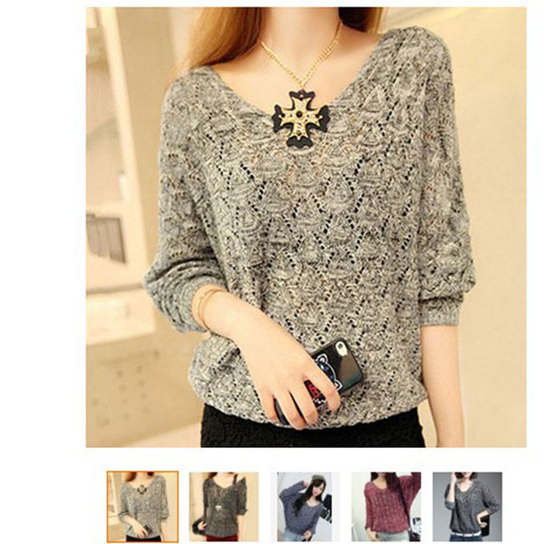 REJEA Autumn Women Sweater Pullovers Casual Tops V-Neck Loose Batwing Sleeve Hollow Out Thin Knitted Sweater Female Jersey Mujer