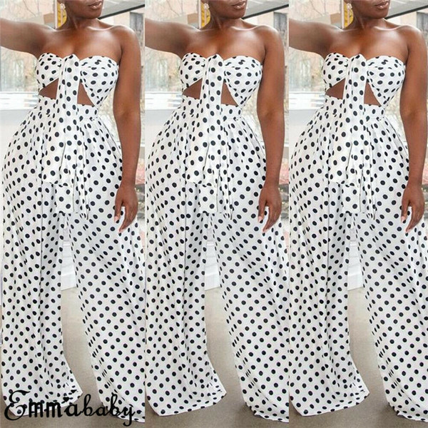 REJEA Two Pieces Outfits for Women Polka Dot Knot Front Strapless Bandeau Crop Tops Empire Wide Leg Long Pants Summer Beach Jumpsuits